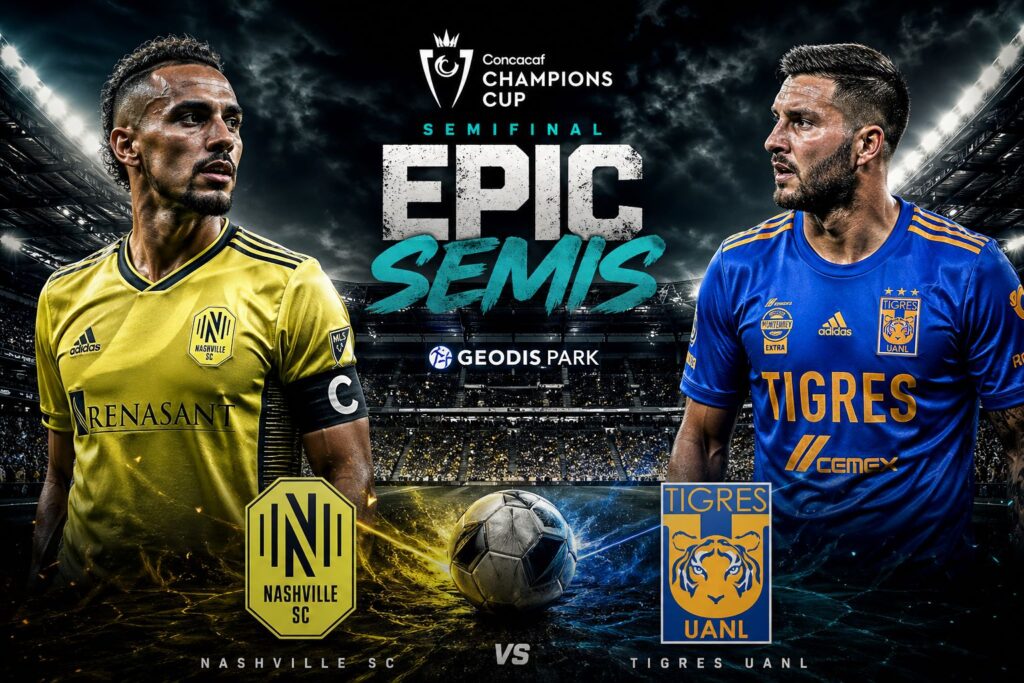 1."Nashville SC vs Tigres UANL Concacaf Champions Cup semifinal poster with players in gold and blue kits at GEODIS Park under stadium lights"