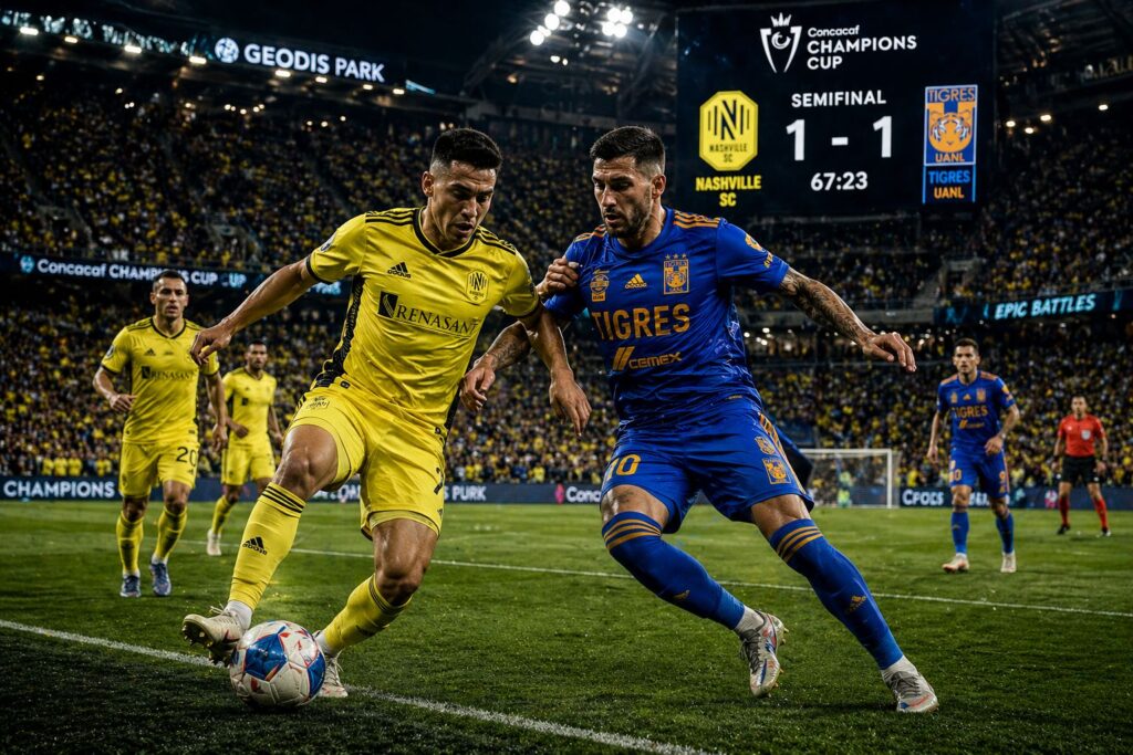 4.“Cinematic football action shot of Nashville SC vs Tigres UANL with crowd and scoreboard in background”