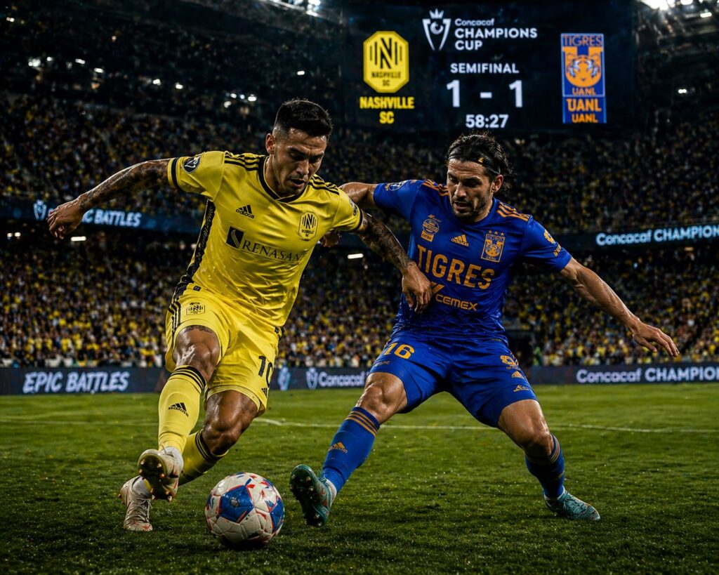 "Nashville SC vs Tigres UANL Concacaf Champions Cup semifinal poster with players in gold and blue kits at GEODIS Park under stadium lights"