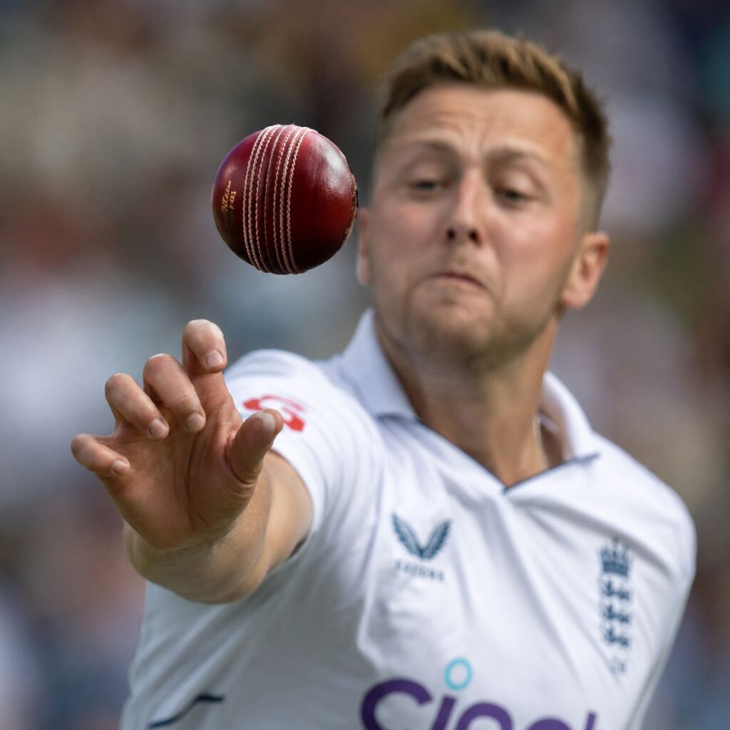 Ollie Robinson seam bowling action during international match