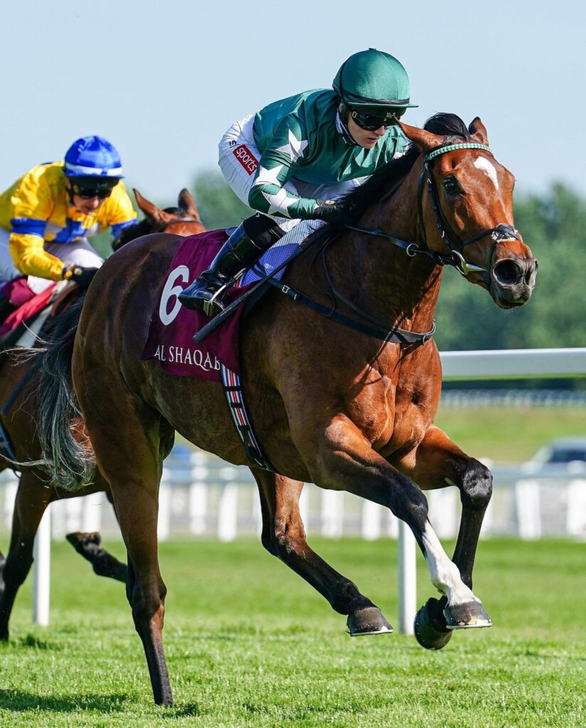 Jockey riding thoroughbred during high-speed Derby race