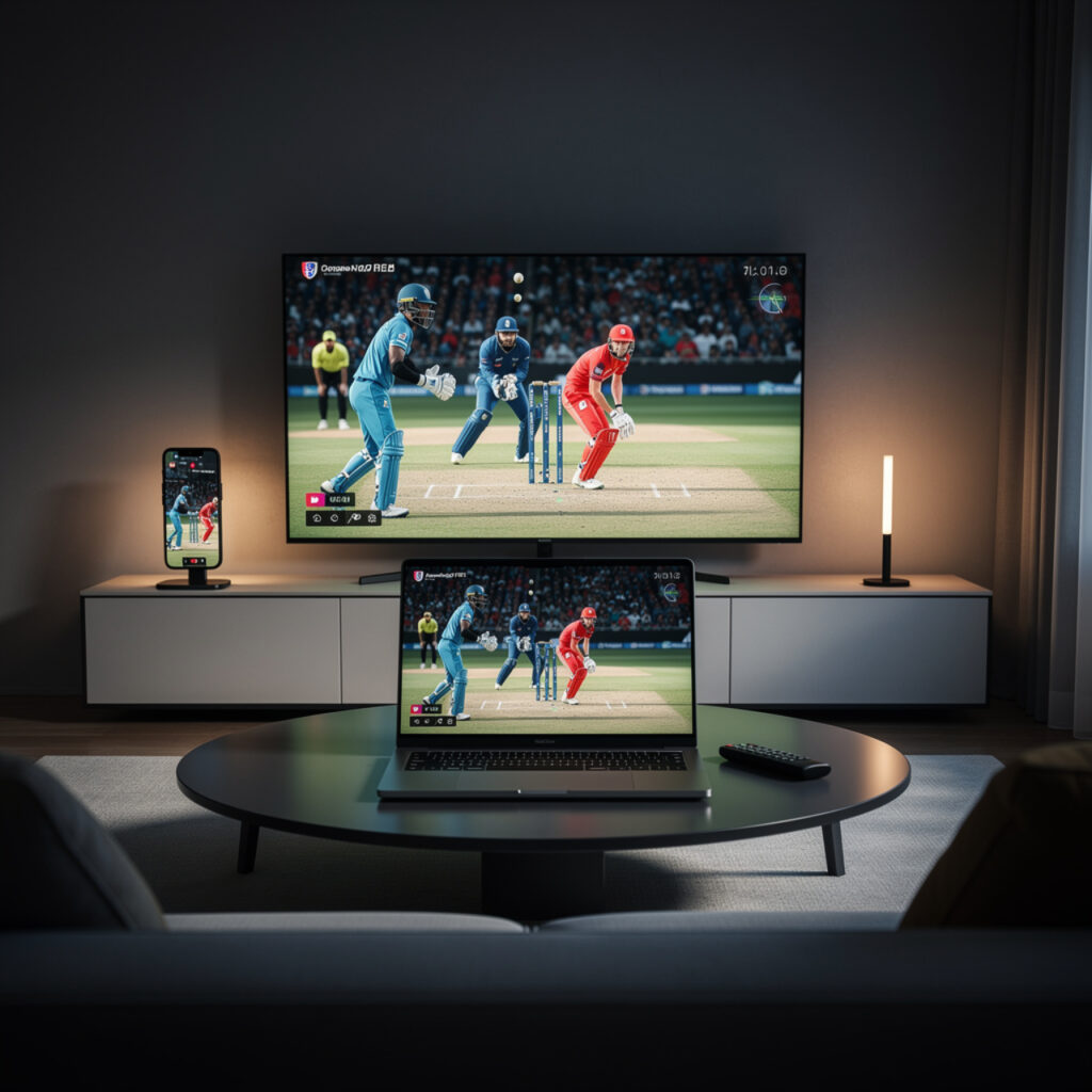 Cinematic image of sports streaming setup showing cricket match on multiple devices (phone, TV, laptop), modern digital viewing experience