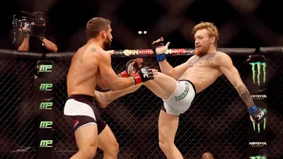 Mixed martial arts finals grappling scene in cage